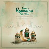 islamic greeting ramadan kareem card design with crescent and lanterns vector