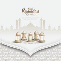 islámico saludo Ramadán tarjeta diseño con hermosa blanco linternas vector