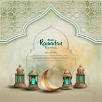 islamic greeting ramadan card design with crescent moon and lanterns vector