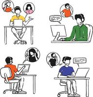 Office operators with headsets characters. Customer service, hotline operators, technical global support, customer support department staff. Hand drawn vector illustration.