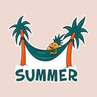 Vector stickers colorful hand drawn cute ananas character chilling and laying on hammock. summer vibe