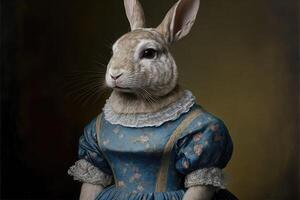 Portrait of rabbit in a victorian dress. photo