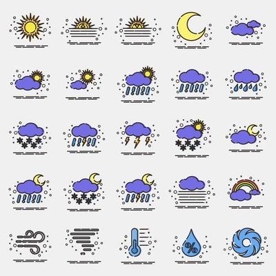 Icon set of weather. Weather elements symbol. Icons in MBE style. Good for prints, web, smartphone app, posters, infographics, logo, sign, etc.