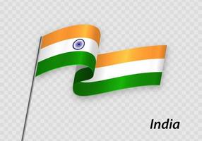 Waving flag of India on flagpole. Template for independence day vector
