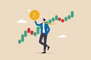Stock market trader, technical analysis to buy and sell stock to earn profit, investment or wealth management, trend following concept, businessman trader hold money dollar coin with chart and graph. vector
