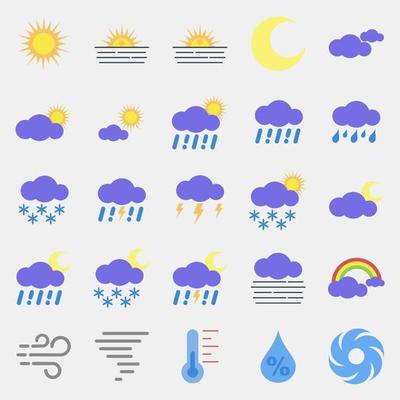 Icon set of weather. Weather elements symbol. Icons in flat style. Good for prints, web, smartphone app, posters, infographics, logo, sign, etc.