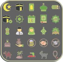 icono conjunto de islámico. islámico elementos de Ramadán, eid Alabama fitr, eid Alabama adha. íconos en en relieve estilo. bueno para huellas dactilares, carteles, logo, decoración, saludo tarjeta, etc. vector