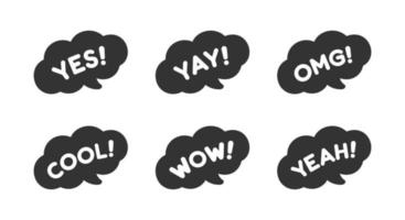 Cute speech bubble with short phrases yes, yay, omg, cool, wow, yeah, online messaging icon set. Simple flat vector illustration.