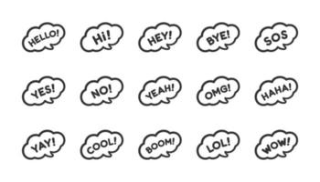 Cute speech bubble with short phrases cool, omg, wow, haha, lol online messaging icon set. Simple flat vector illustration.