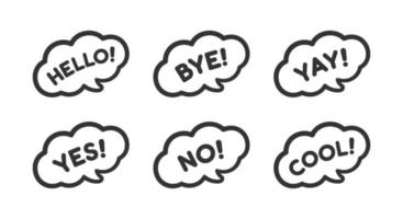 Cute speech bubble with short phrases hello, bye, yes, no, yay, cool icon set. Simple flat vector illustration.