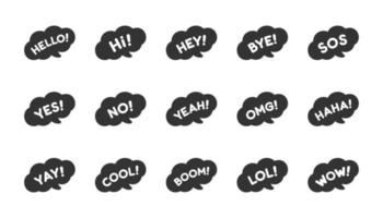 Cute speech bubble with short phrases hello, bye, yes, no, yay, cool, wow, haha icon set. Simple flat vector illustration.