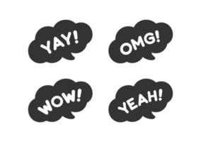 Cute speech bubble with short phrases yay, omg, wow, yeah, online messaging icon set. Simple flat vector illustration.