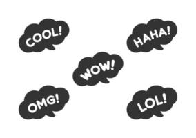 Cute speech bubble with short phrases cool, omg, wow, haha, lol  online messaging icon set. Simple flat vector illustration.