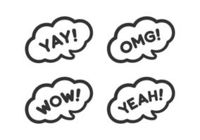 Cute speech bubble with short phrases yay, omg, wow, yeah, online messaging icon set. Simple flat vector illustration.