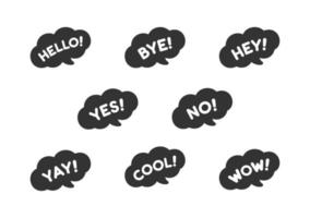 Cute speech bubble with short phrases hello, bye, yes, no, yay, cool, wow, haha icon set. Simple flat vector illustration.