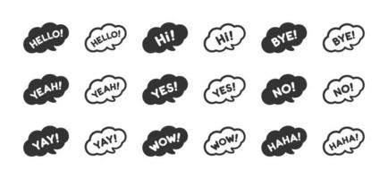 Cute speech bubble with short phrases yes, yay, omg, cool, wow, yeah, online messaging icon set. Simple flat vector illustration.