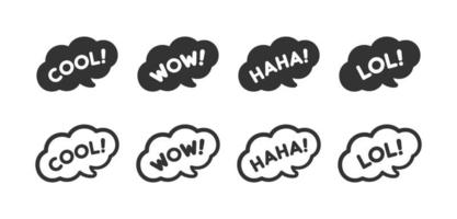 Cute speech bubble with short phrases cool, wow, haha, lol online messaging icon set. Simple flat vector illustration.