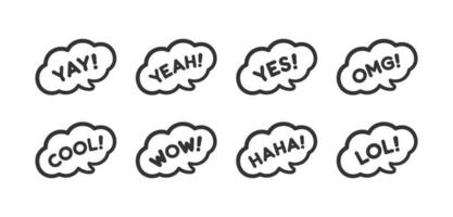 Cute speech bubble with short phrases yay, yeah, cool, omg, wow, haha, lol online messaging icon set. Simple flat vector illustration.