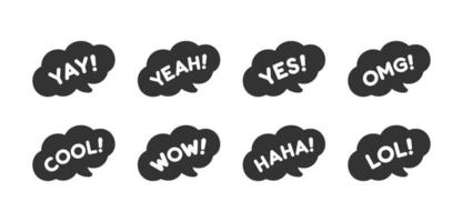 Cute speech bubble with short phrases yay, yeah, cool, omg, wow, haha, lol online messaging icon set. Simple flat vector illustration.