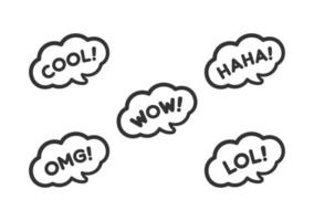 Cute speech bubble with short phrases cool, omg, wow, haha, lol online messaging icon set. Simple flat vector illustration.