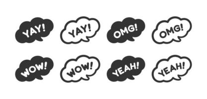 Cute speech bubble with short phrases yes, yay, omg, cool, wow, yeah, online messaging icon set. Simple flat vector illustration.