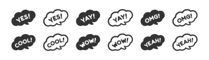 Cute speech bubble with short phrases yes, yay, omg, cool, wow, yeah, online messaging icon set. Simple flat vector illustration.
