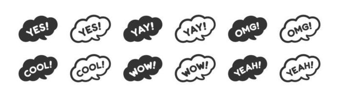 Cute speech bubble with short phrases yes, yay, omg, cool, wow, yeah, online messaging icon set. Simple flat vector illustration.