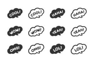 Cute speech bubble with short phrases cool, omg, wow, haha, lol online messaging icon set. Simple flat vector illustration.