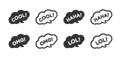 Cute speech bubble with short phrases cool, omg, haha, lol online messaging icon set. Simple flat vector illustration.