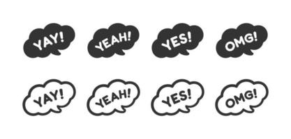 Cute speech bubble with short phrases yes, yay, omg, cool, wow, yeah, online messaging icon set. Simple flat vector illustration.