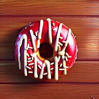 strawberry doughnut with sprinkles and cream on a wooden background.. photo
