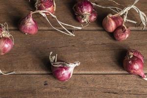 Shallot or red onion on wood table top view close up. photo