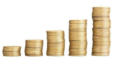 Golden coins stacked forming a raising chart isolated on white background. Copy space photo