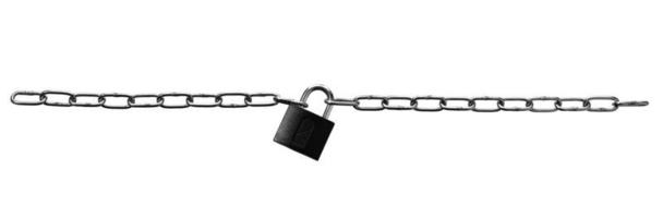Two chains linked by a padlock isolated on white background photo
