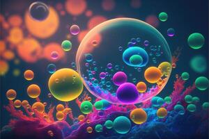 Colorful bubble and coral underwater world. Fantasy fluorescent neon aquatic ocean. Abstract glow in the dark background. photo