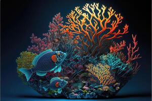 Deep sea coral reef and fish. Abstract glow in the dark background. photo