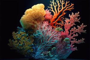 Deep sea coral reef and fish. Abstract glow in the dark background. photo