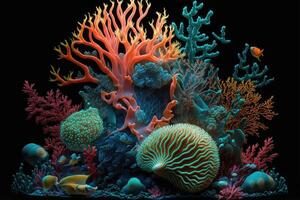 Deep sea coral reef and fish. Abstract glow in the dark background. photo