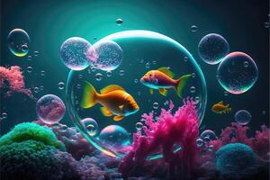 Colorful bubble coral seaweed and fish underwater world. Fantasy fluorescent neon aquatic ocean. Abstract glow in the dark background. photo