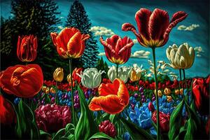 ai generado vibrante tulipán jardín vistoso resumen antecedentes. foto