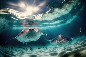 See graceful and gentle stingrays underwater. photo
