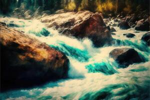 ai generado efusivo río rápidos. cascadas ese fluir rápidamente a lo largo el rocas foto