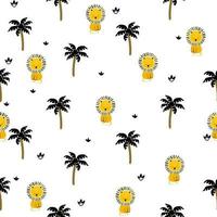 Seamless pattern with funny lion and palmss. Childish background. Vector cute animal background