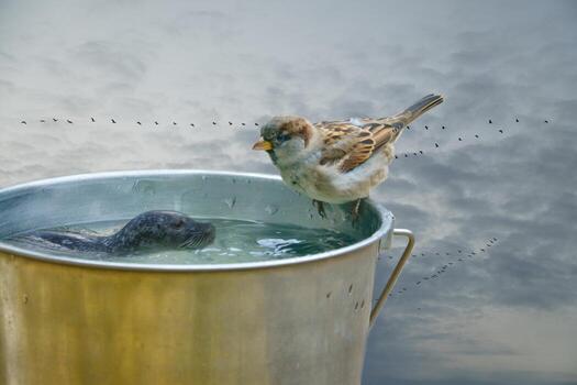 Composing with a bucket on which sits a sparrow and a swimming seal, cranes in the sky. photo
