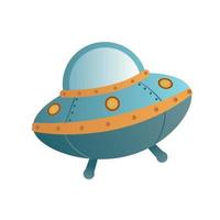 flying ufo on white background. Cute stylised alien spaceship. Colorful bright vector illustration for science, game, business. Sweet glossy plastic element.