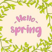 Hand drawn lettering hello spring for print, card, and banner. Typography hello spring with leaves. vector