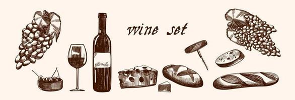 Time for wine vector hand drawn sketch illustration. Bottle, cheese, grape vine, cork, corkscrew, isolated on white background. Doodle vintage design elements set