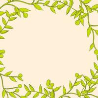 Square frame, overgrown tree branches with green leaves on wooden background. Blank for advertising card or invitation. vector