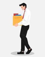 male character experiencing dismissal of employee from office. carrying stuff in box. unhappy expression concept of layoff, bankrupt, business, job, office, dismissal. flat vector illustration.