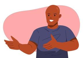 african american bald man is explaining, talking. hand gesture poses. concept of presentation, communication, speaking. flat vector illustration.